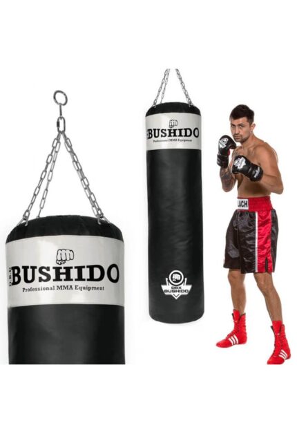 Training punching bag DBX Bushido 140 cm high, 40 cm in diameter and 40 kg weight. White black color 