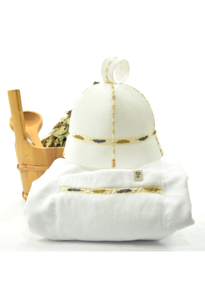 Badstu hatt og bomull kilt 2-delt sett produktbilde