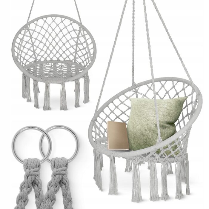 BOHO hengestol grå for hage terrasse og innendørs bruk med metallramme og frynser